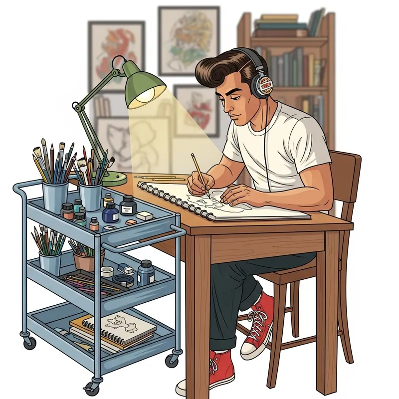 1950s Hispanic Male Artist Drawing at Desk with Lamp and Music