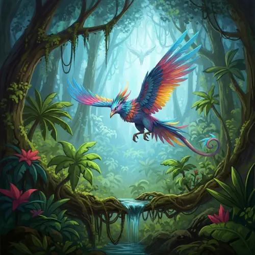 Vibrant Feathers: Mystical Creature in Lush Tropical Forest