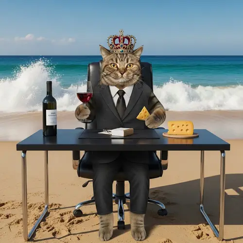 Sophisticated Cat in Office Attire with Wine Glass and Cheese on Beach