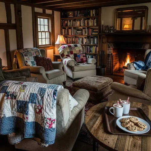 Vintage Cottage Interior with Cozy Fireplace & Armchairs