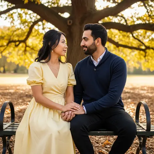 Romantic Scene of East Asian Woman & Middle Eastern Man on Park Bench