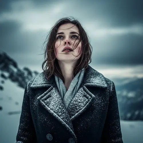 Baroque-Style Portrait of a Hopeful Yet Weary Woman in Chilling Mountain Snow