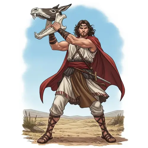 Muscular Man in Biblical Garments with Jawbone Strength