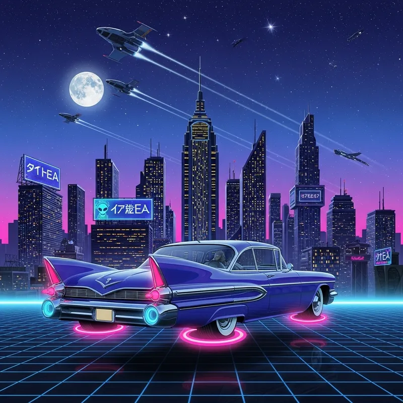 Sci-Fi & Retro-Futuristic Scene with Hovering Car & Spaceships
