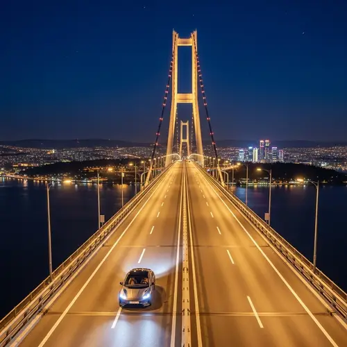 Prestigious Electric Car Night Drive on Sea Bridge