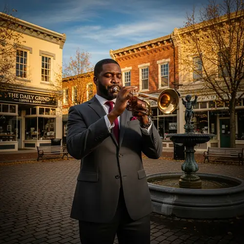 Talented Black Man Trumpet Player in Town Square