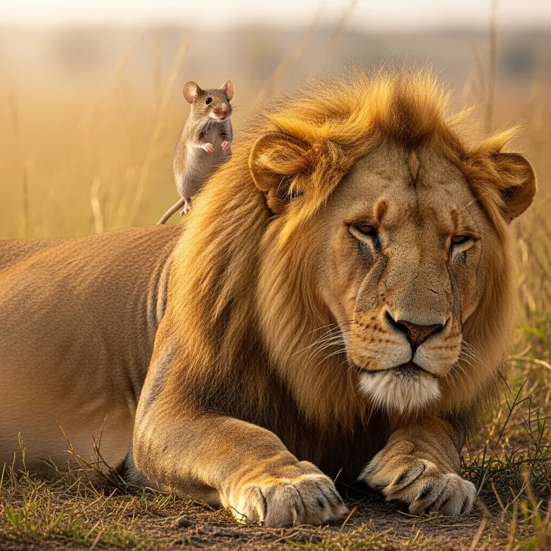 Mouse Riding Lion: Unlikely Duo in Harmony