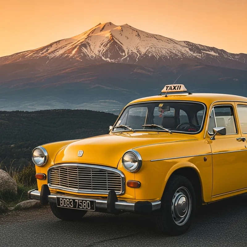 French Taxi with Canigou Mountain View and Catalan Sunset