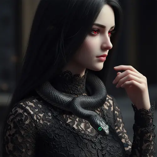 Ethereal Young Girl in Black Lace Dress with Red Eyes and Snake