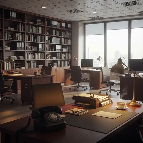 Sophisticated Office Room Design with Old-Fashioned Telephone and Coffee Cup