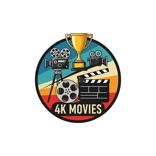 4K Movies Logo Design: Retro Billboard with Camera, Trophy and Clapper Board