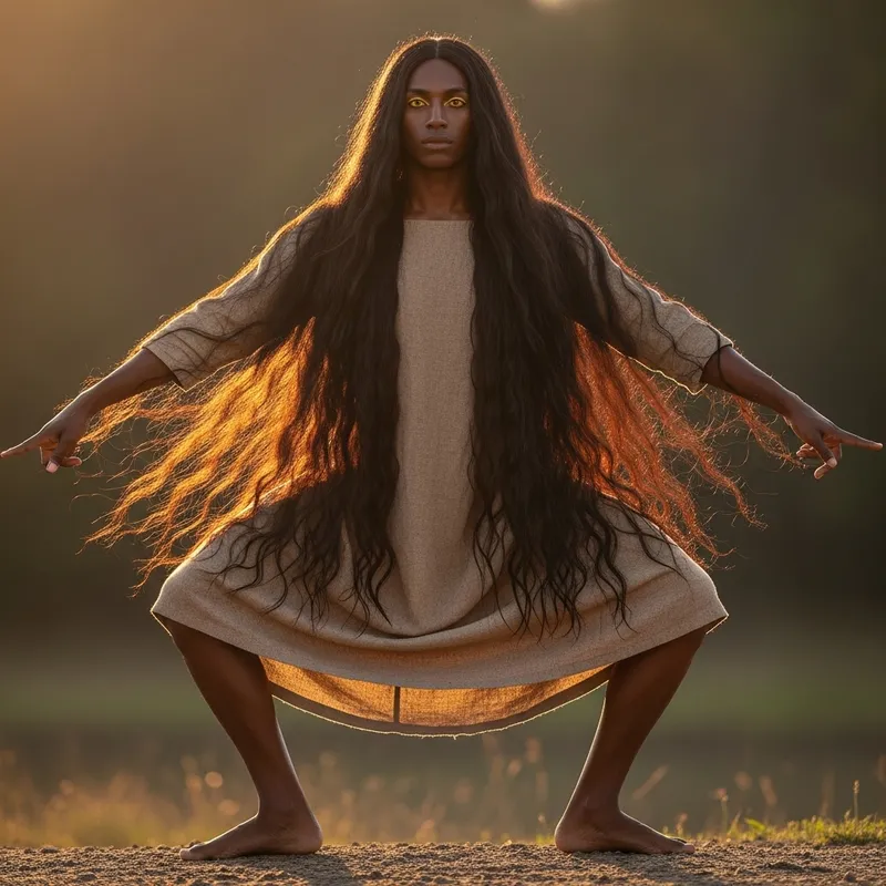 Fascinating Figure with Upside-Down Feet, Knee-Length Hair, Tan Skin, and Yellow Eyes