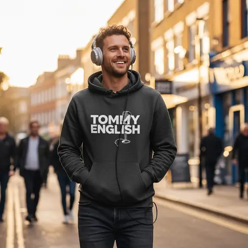 Joyful Man Walking with Tommy English Hoodie