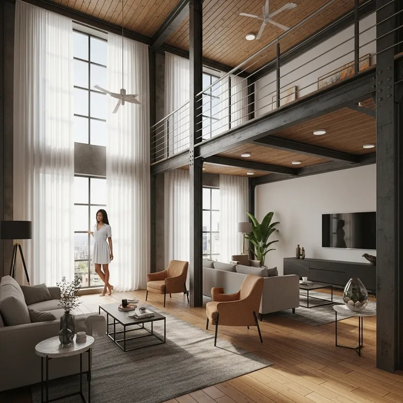 Modern Loft Interior with Stylish Furniture and Elegant Woman Modern Loft Interior with Stylish Furniture and Elegant Woman