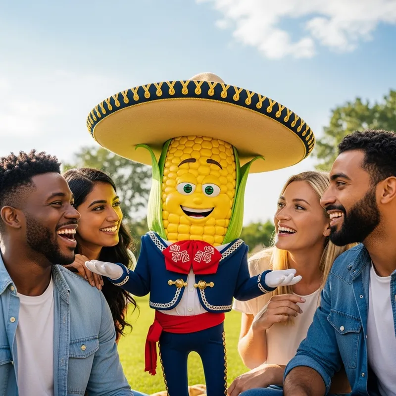 Lively Corn Cob in Mexican Attire with Diverse Friends Lively Corn Cob in Mexican Attire with Diverse Friends
