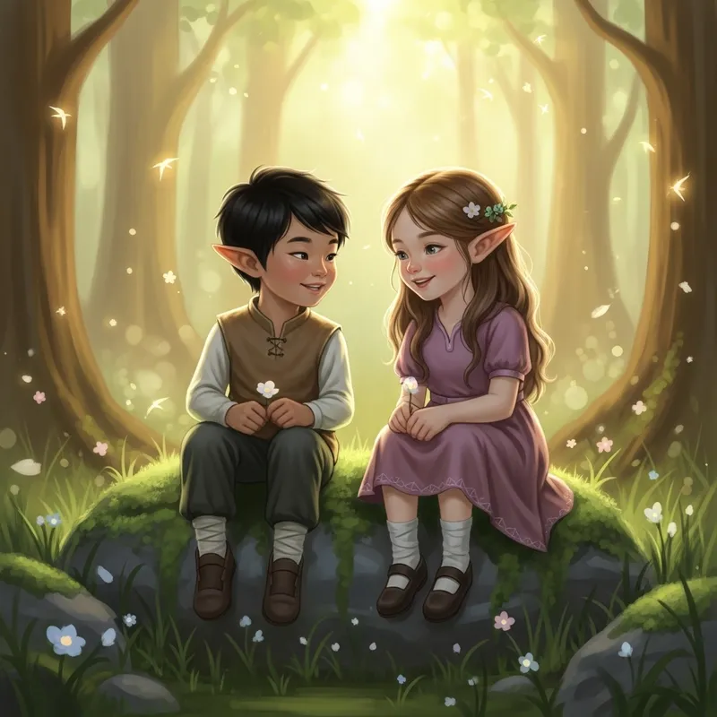 Whimsical Elven Children in a Magical Forest Glade