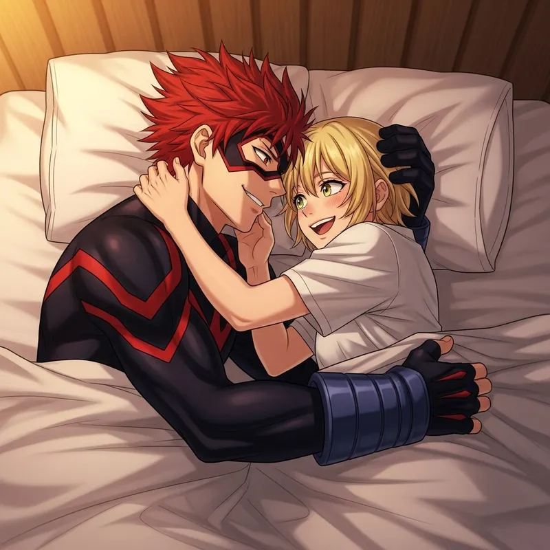 Affectionate Embrace of Kirishima and Kaminari in Vibrant Anime Scene Affectionate Embrace of Kirishima and Kaminari in Vibrant Anime Scene