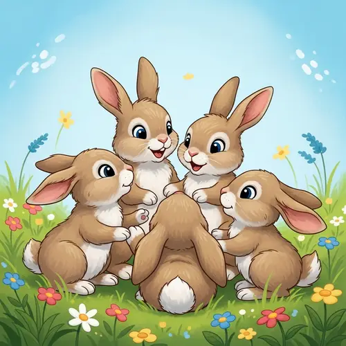 Playful Baby Rabbits in Cartoon Style | Lush Green Meadow
