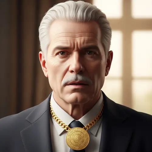 Middle-Aged Man with White Hair and Gold Necklace
