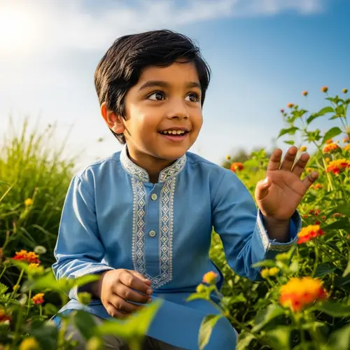 Joyous Indian Boy Playing Outdoors | Lush Greenery & Sunny Sky
