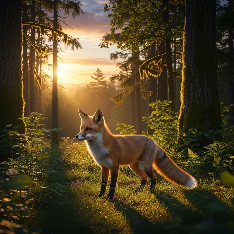 Magnificent Red Fox in Lush Forest Sunset