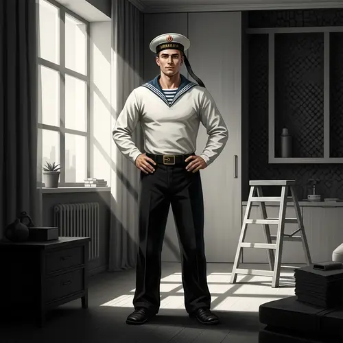 Vintage Russian Builder Digital Painting in Sailor Uniform