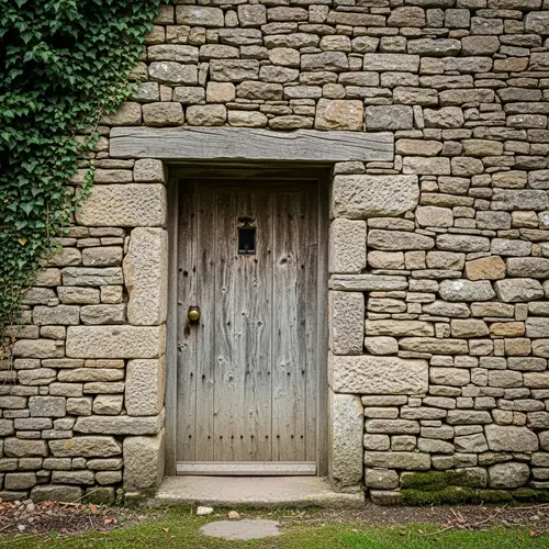 Rustic Stone Wall with Wooden Door | Antique Brass Door-Knob