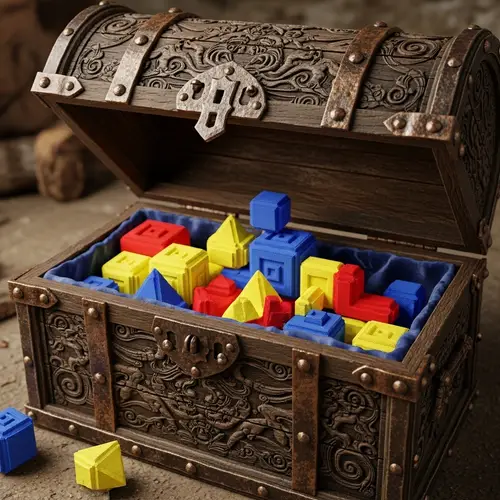 Intricately Carved Wooden Treasure Chest with Geometric Objects