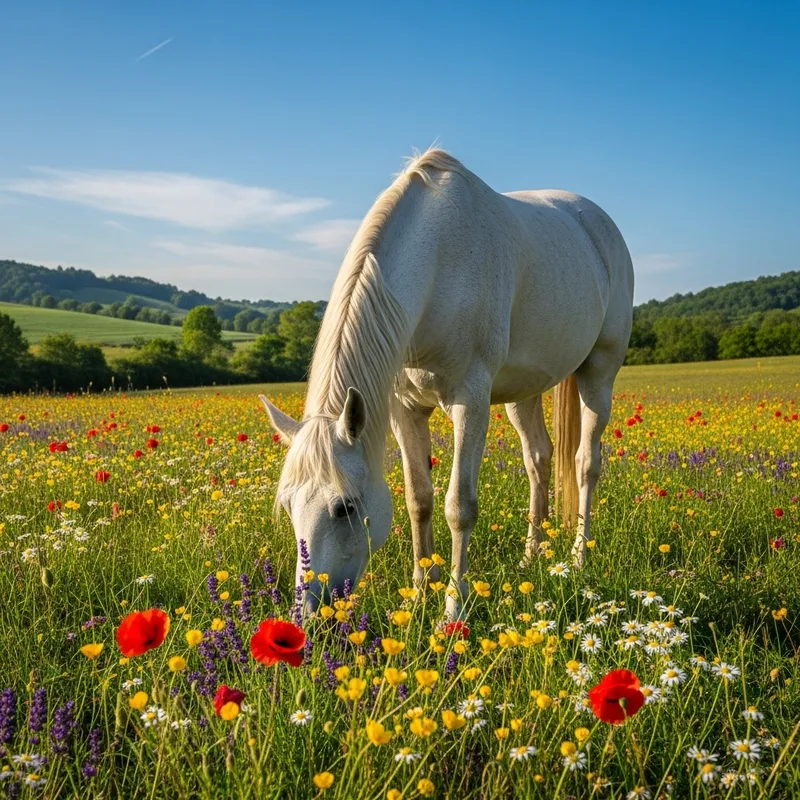 White Horse in Green Field with Flowers Under Clear Sky