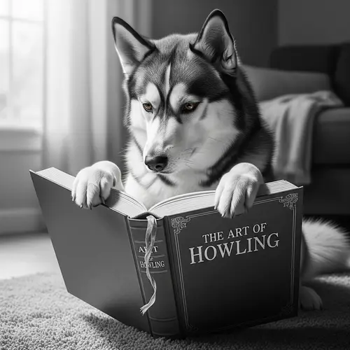 Curious Husky Reading Book - Intellectual Canine Storytime