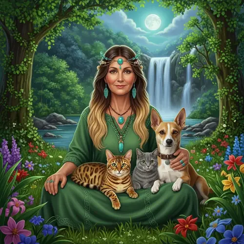 Enchanted Forest Shaman with Bengal Cat and Tranquil Setting