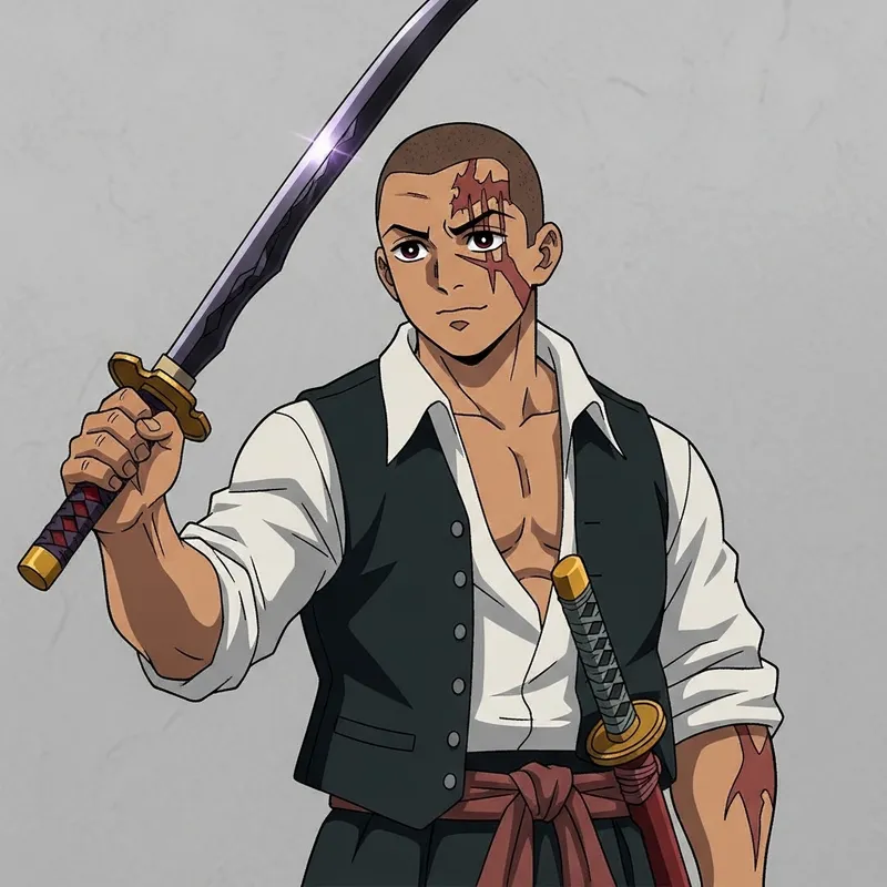 30-Year-Old Man with Scar, Strong Demon Hunter with Sword
