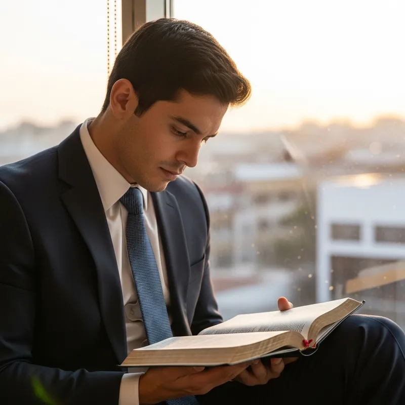 Focused Professional Meditating on Bible by Office Window
