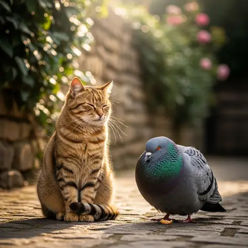 Peaceful Cat and Large Pigeon in Serene Ambiance
