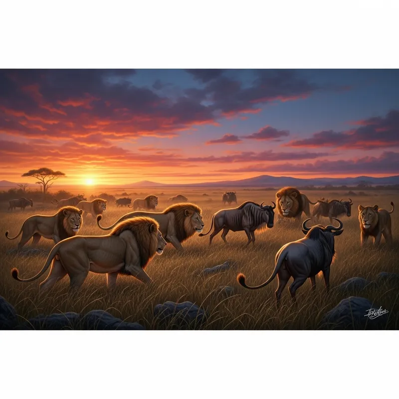 Majestic Lions Hunting in African Plains