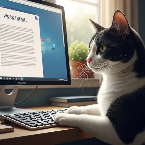 Black and White Cat at Computer: Whimsical Illustration