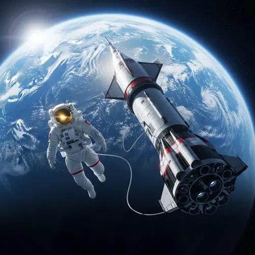 Astronaut Floating in Space Near Rocket