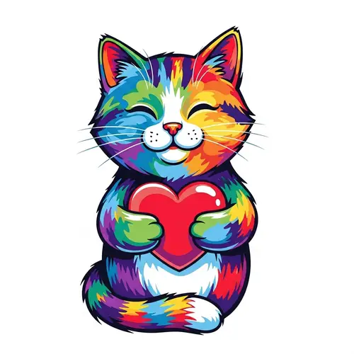 Pop Art Style Cat Illustration with Heart in Vivid Colors
