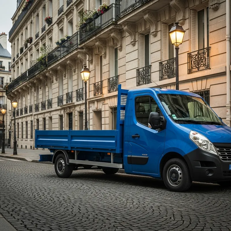 2017 Blue Renault Master Plateau in Paris - Charming Cobblestoned Street View