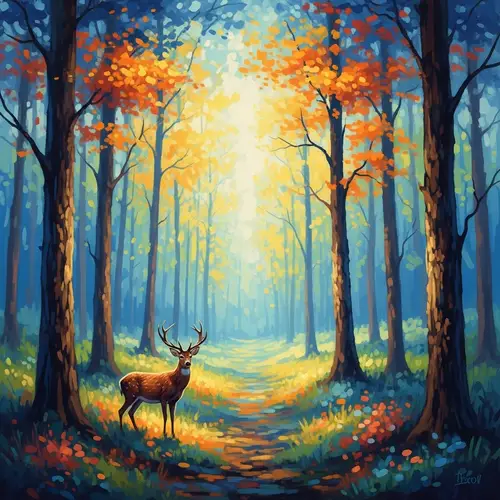 Mystical Forest Scene: Vibrant Impressionist Painting with Graceful Deer