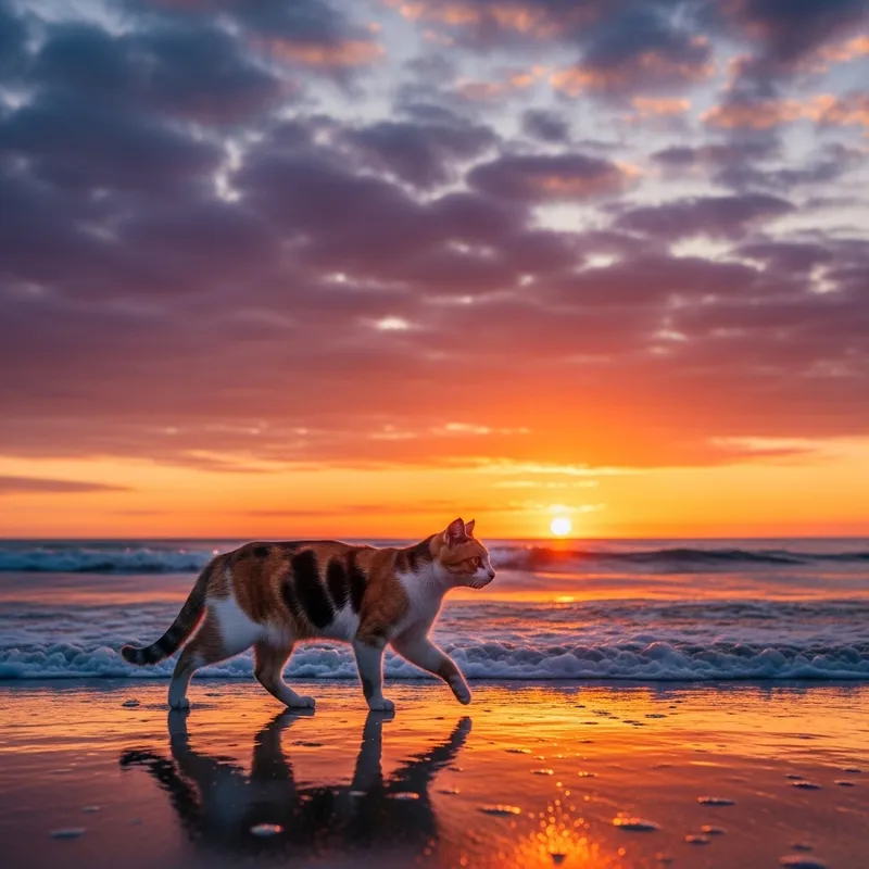 Captivating Sunset: Multi-Colored Cat by the Seaside Captivating Sunset: Multi-Colored Cat by the Seaside
