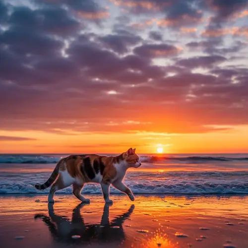 Captivating Sunset: Multi-Colored Cat Walking by the Seaside