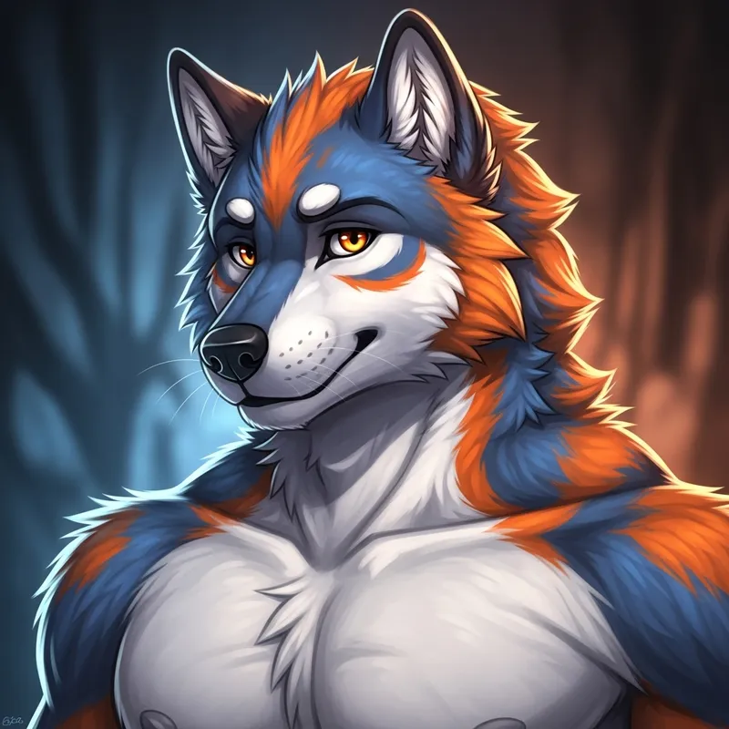 Stylish Blue and Orange Anthromorphic Wolf with Unique Aura