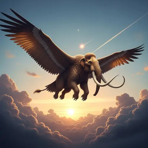 Graceful Extinct Animal with Tusks and Wings Soaring in Sunset Skies