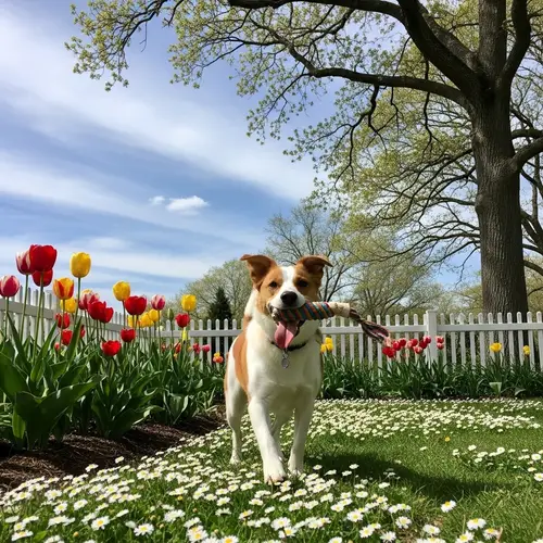 Lively Dog Playing in Colorful Garden