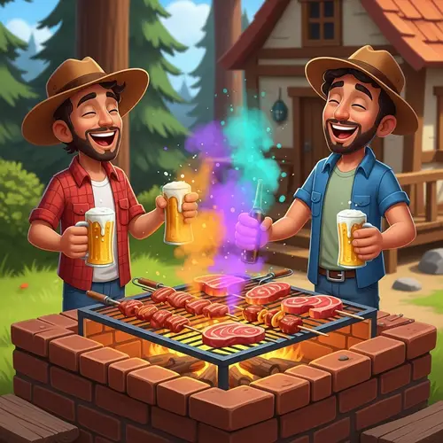 Colorful Cartoon Hillbillies Enjoying BBQ and Beer Outdoors