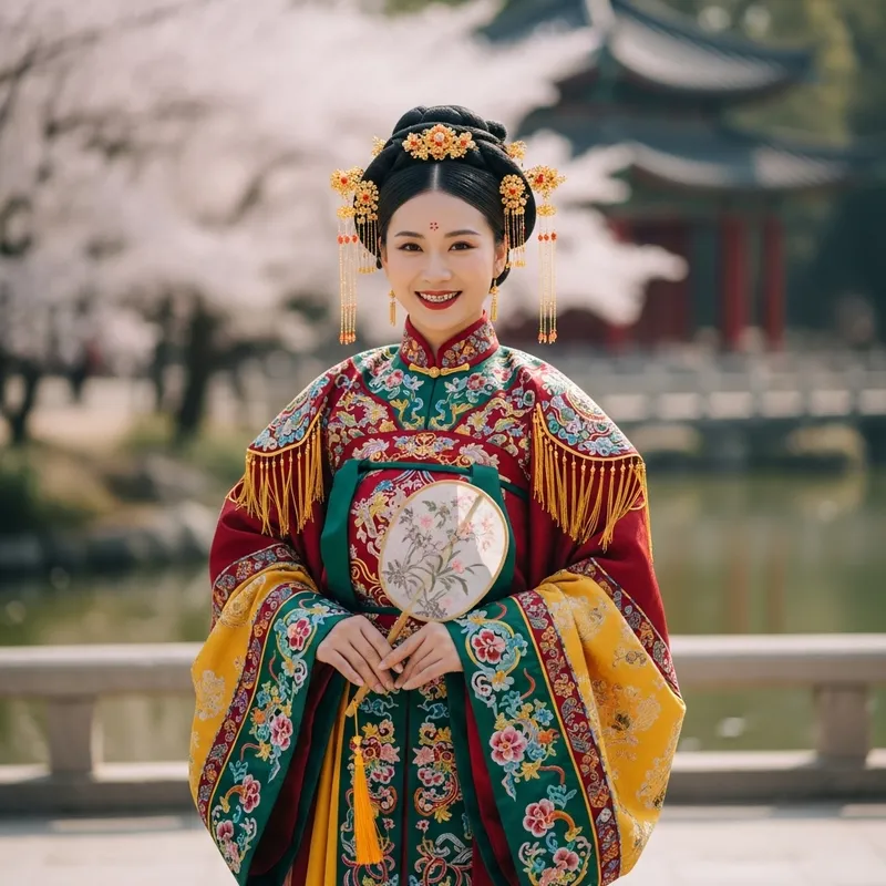 Asian Woman in Traditional Attire with Gold Teeth