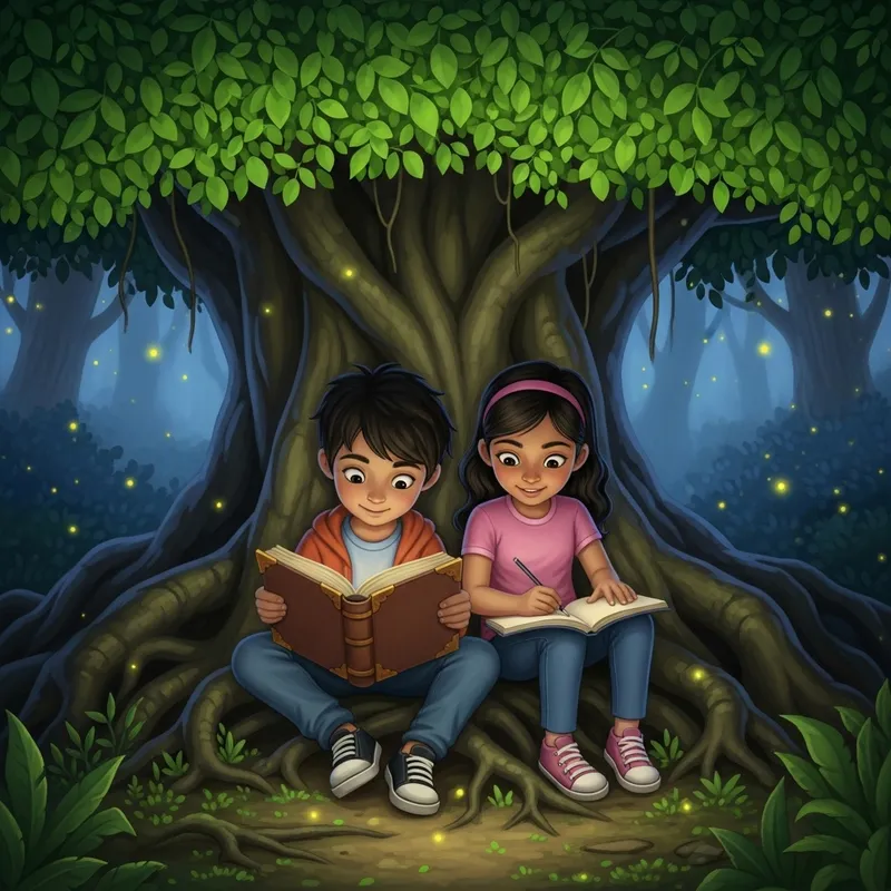 Enchanting Kids Reading in Magical Forest - Captivating Scene