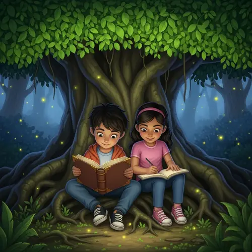 Enchanting Kids Reading in Magical Forest