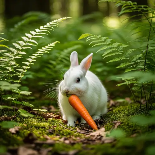 Fluffy White Rabbit Munching on Carrot in Enchanted Forest